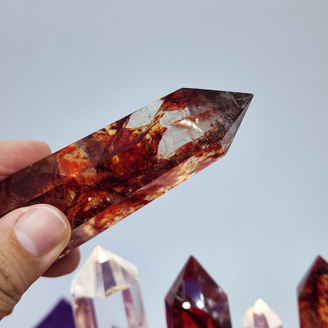 【天然石】ファイヤークォーツ＆水晶 ポイント7本セット LEDライト台座付き