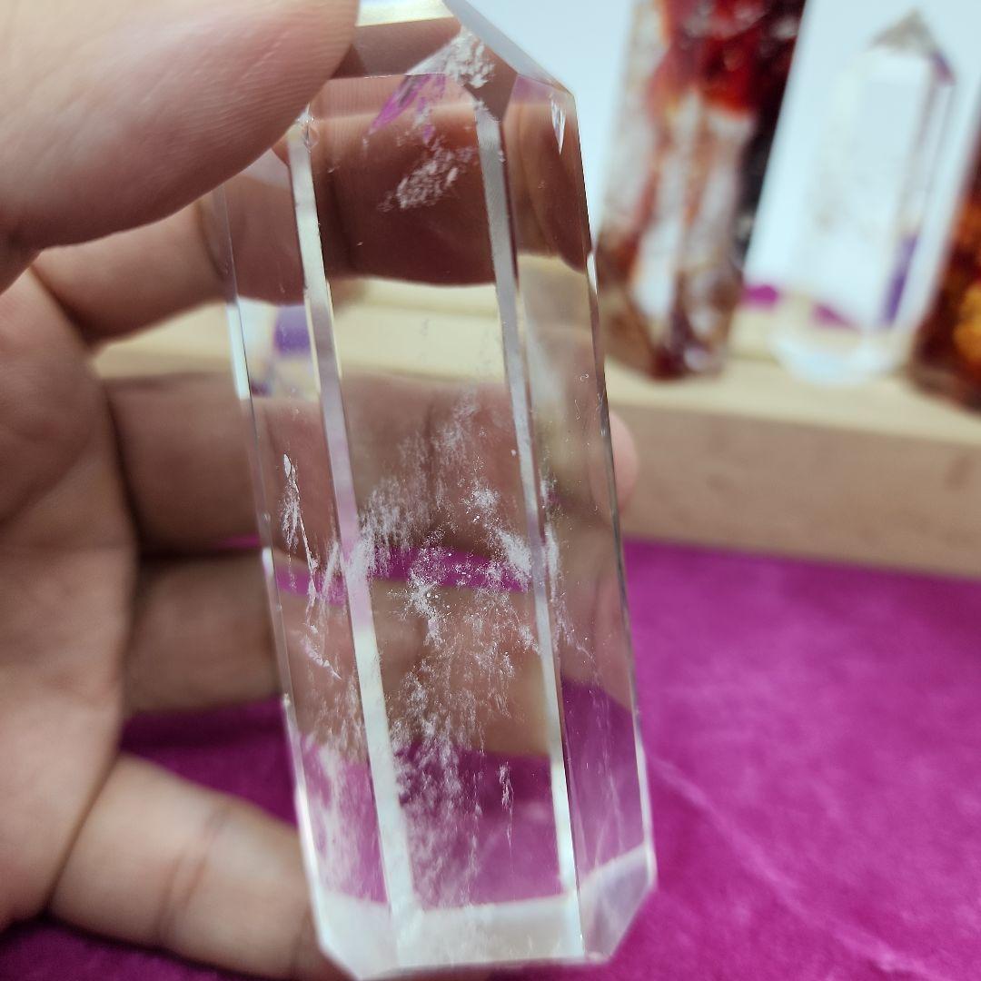 【天然石】ファイヤークォーツ＆水晶 ポイント7本セット LEDライト台座付き