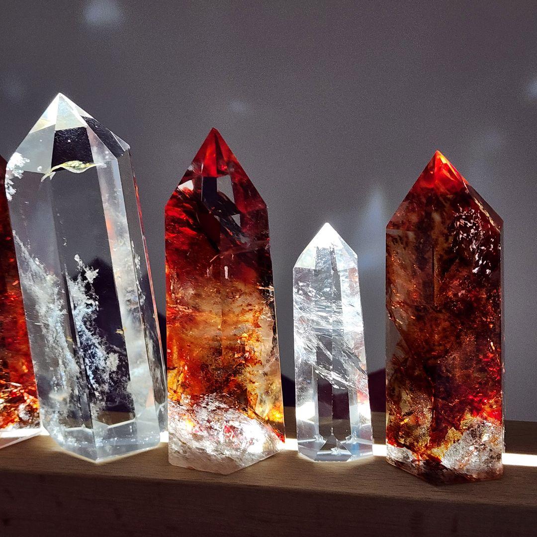 【天然石】ファイヤークォーツ＆水晶 ポイント7本セット LEDライト台座付き
