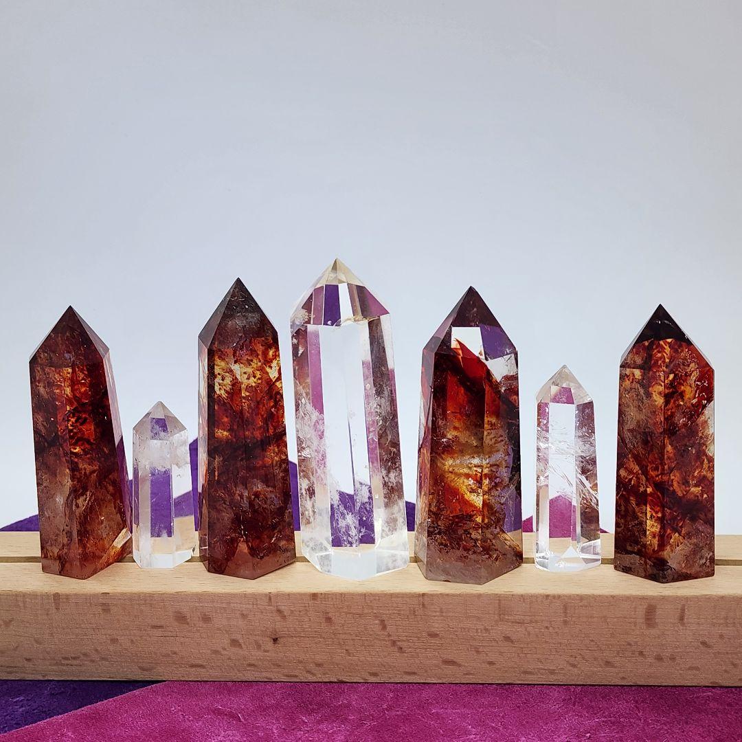 【天然石】ファイヤークォーツ＆水晶 ポイント7本セット LEDライト台座付き