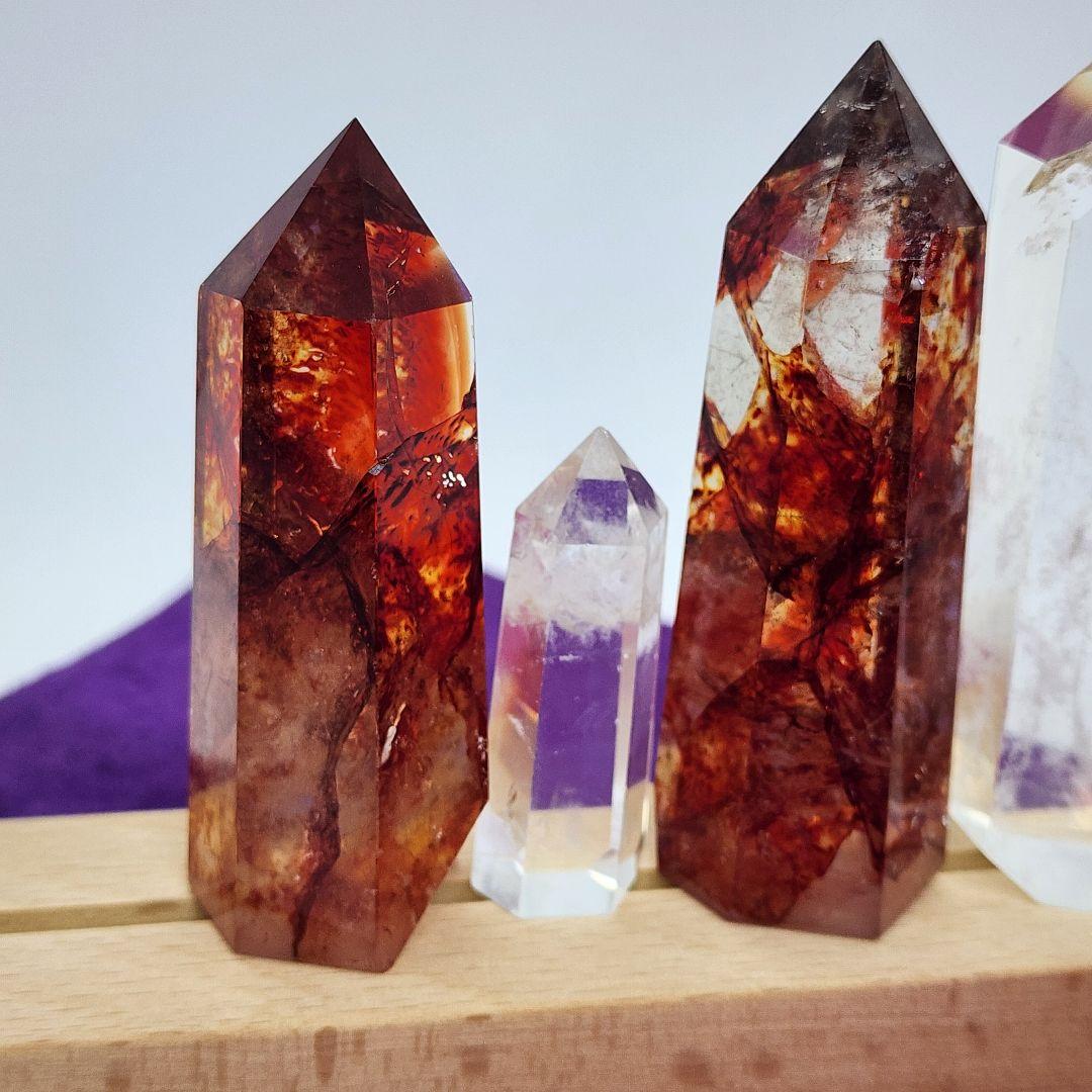 【天然石】ファイヤークォーツ＆水晶 ポイント7本セット LEDライト台座付き