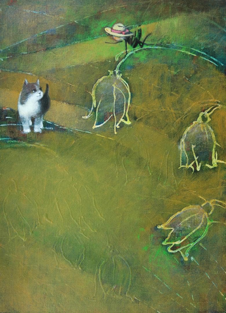 絵画額付 ( 白 ) 油絵F4-030119 子猫（子犬）と女の子