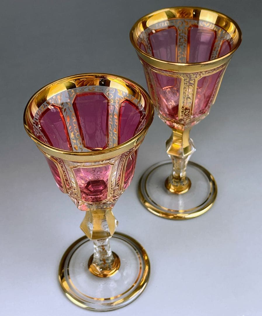 ボヘミア パネルグラス 2個セット クランベリー被せ ワイングラス