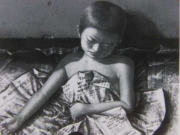 明山応義、仮眠、希少な額装用画集より、美品、新品額装付