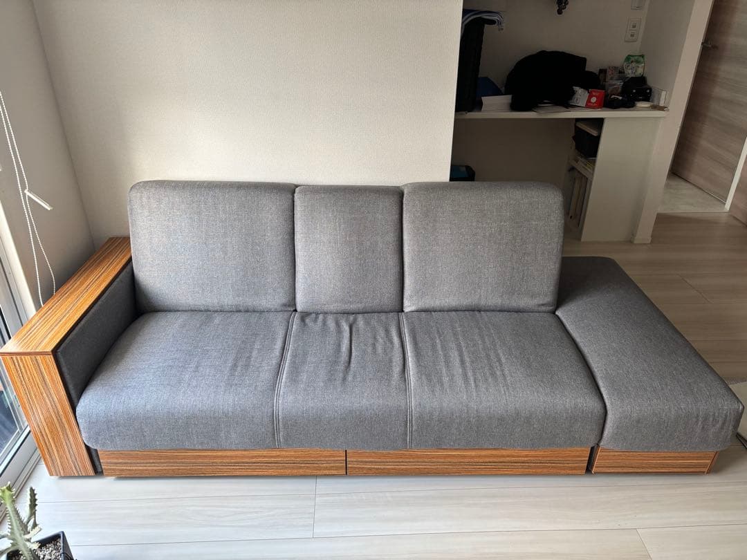 収納付きソファーベッド 幅206cm グレー オットマン可動式 テーブル機能付き