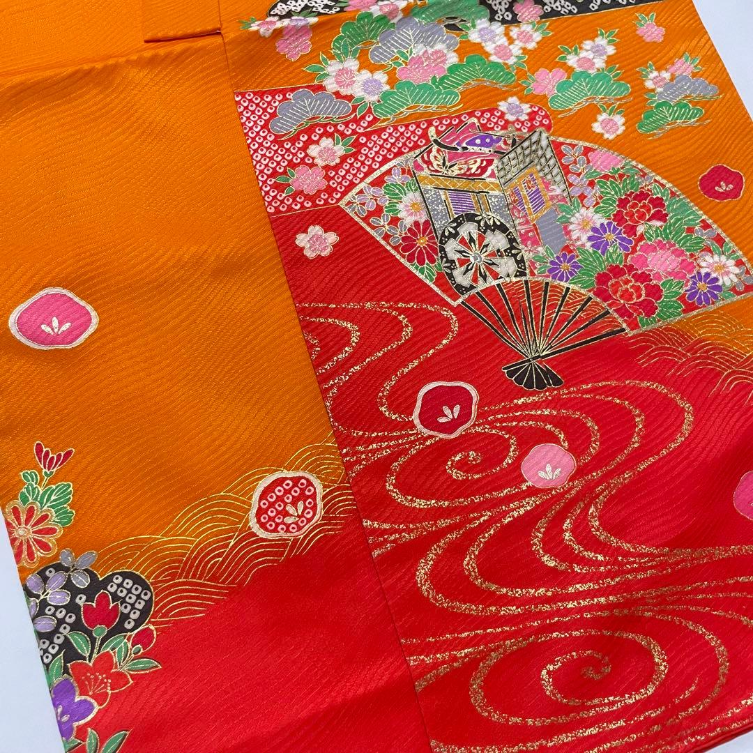 縁起の良い扇柄の七五三 7歳 着物 袋帯 長襦袢 小物セット オレンジ グリーン