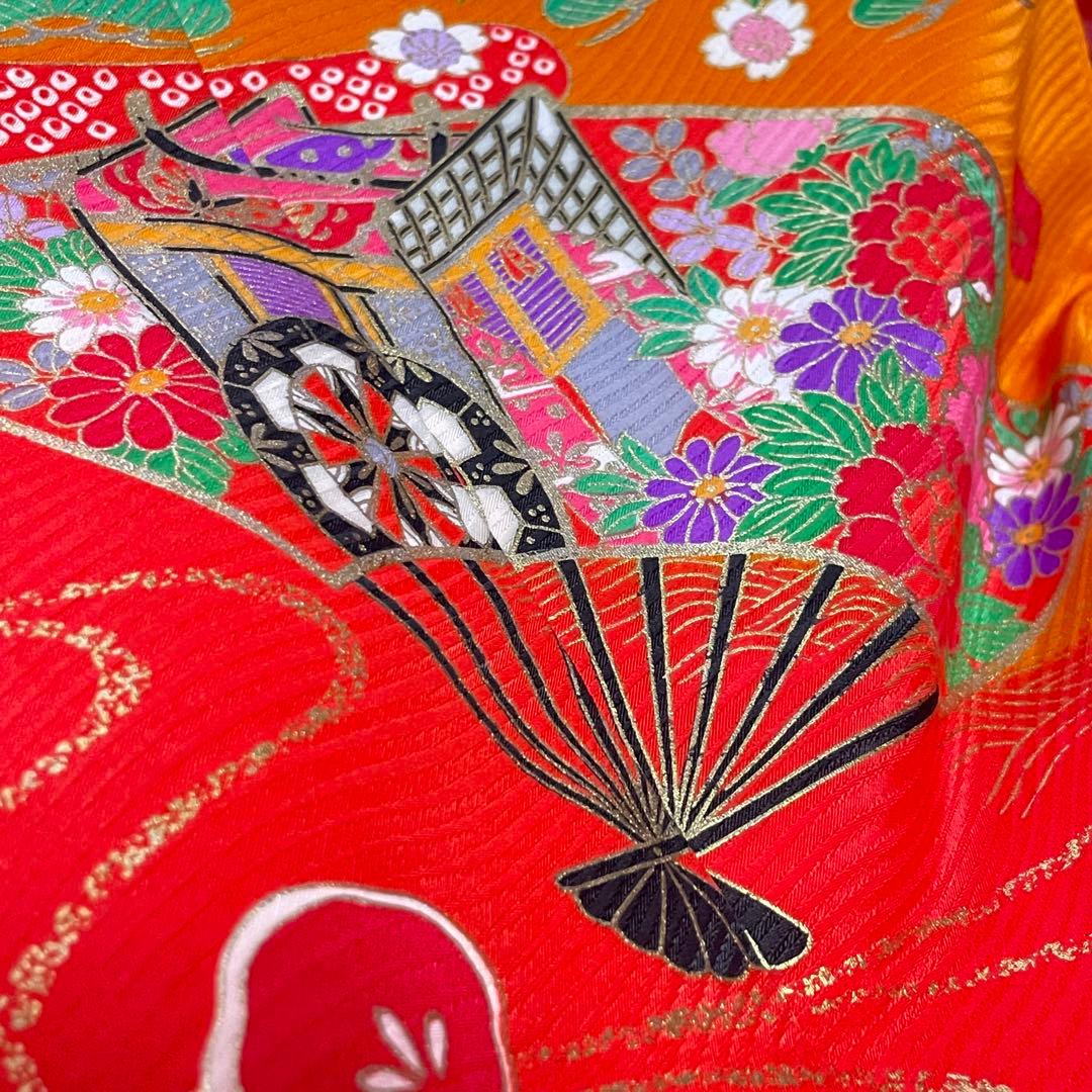 縁起の良い扇柄の七五三 7歳 着物 袋帯 長襦袢 小物セット オレンジ グリーン