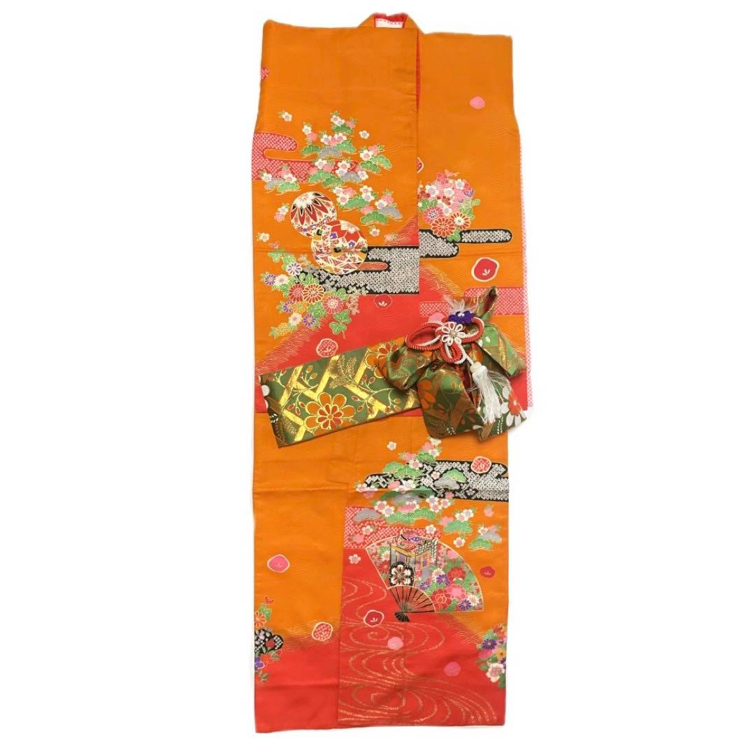 縁起の良い扇柄の七五三 7歳 着物 袋帯 長襦袢 小物セット オレンジ グリーン