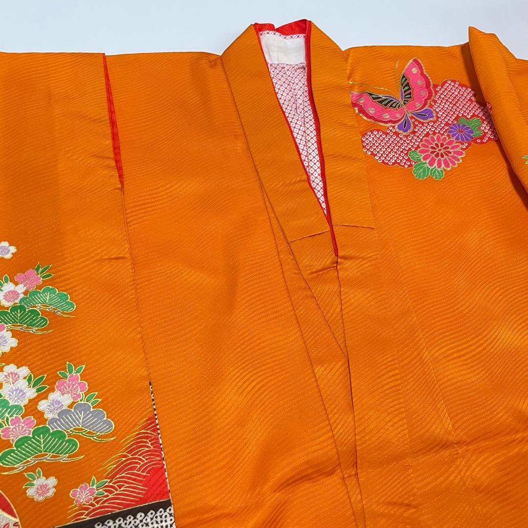 縁起の良い扇柄の七五三 7歳 着物 袋帯 長襦袢 小物セット オレンジ グリーン