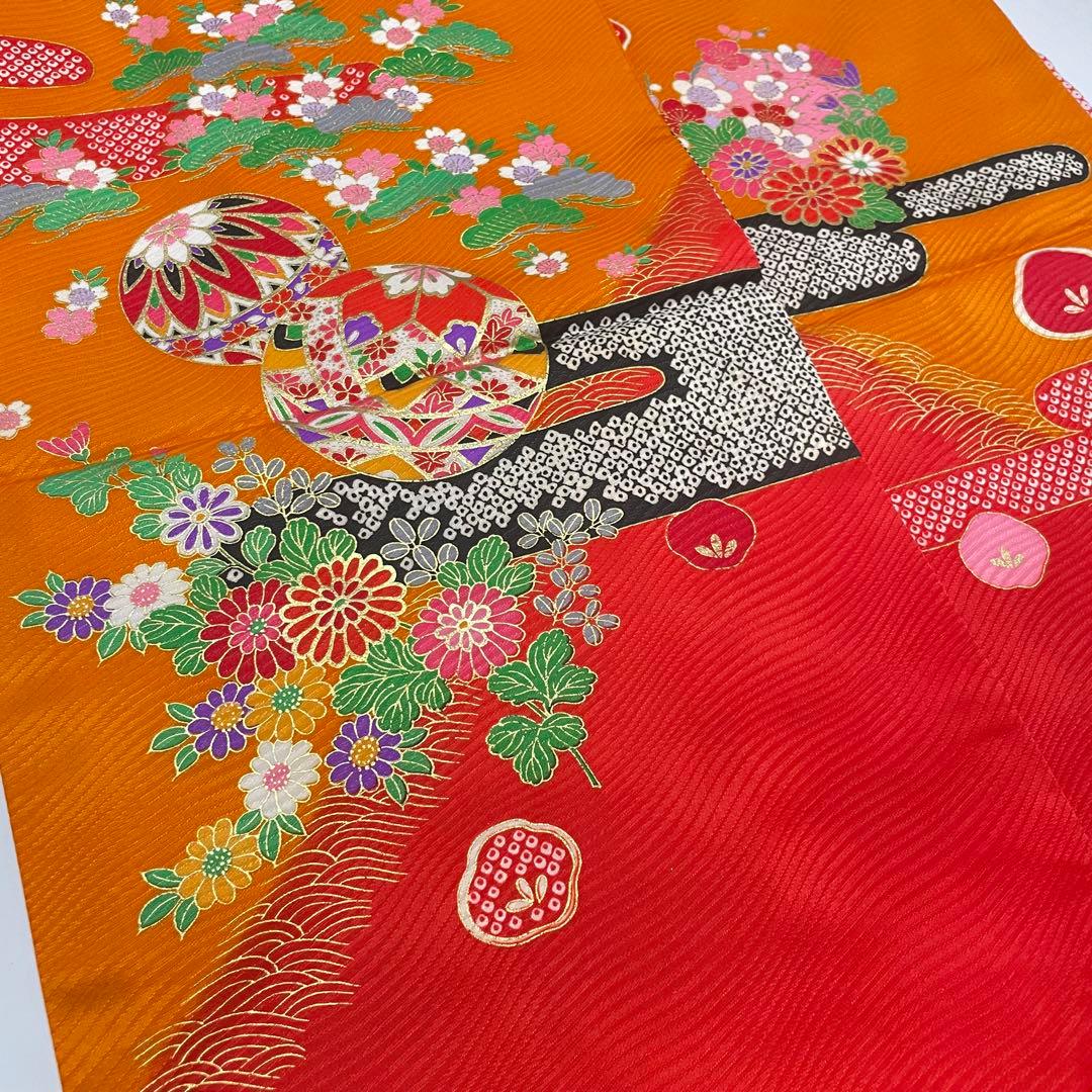 縁起の良い扇柄の七五三 7歳 着物 袋帯 長襦袢 小物セット オレンジ グリーン