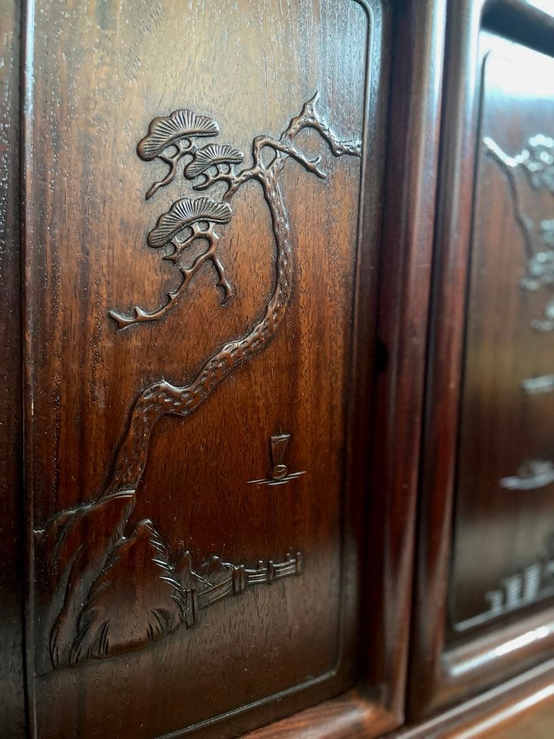 【匿名送料込み】天然木 茶棚 和風 古道具 和室家具 唐草透彫 高級家具