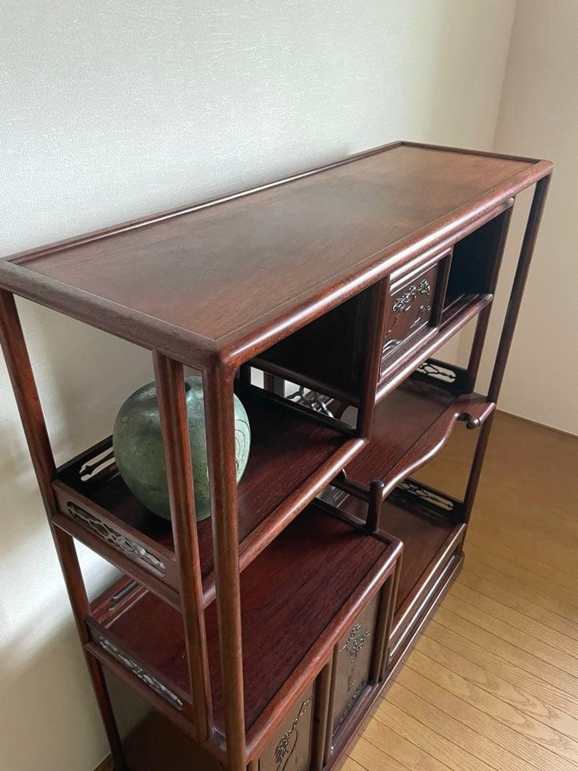 【匿名送料込み】天然木 茶棚 和風 古道具 和室家具 唐草透彫 高級家具