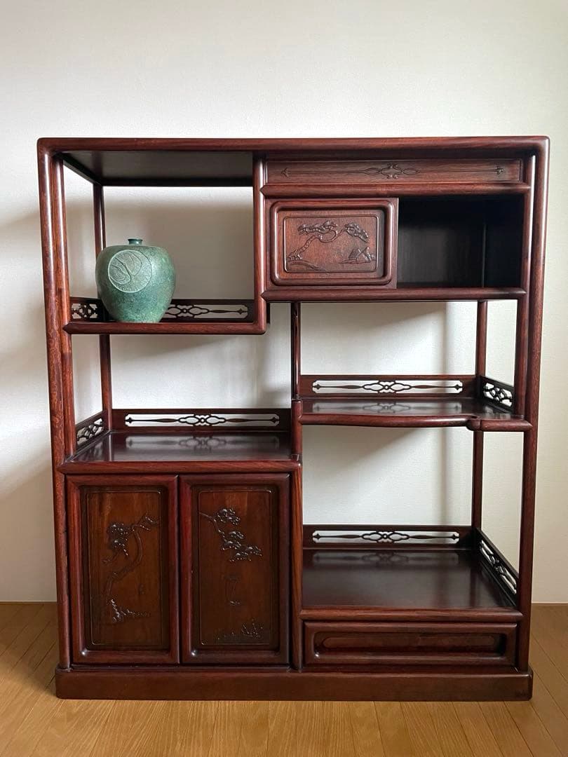 【匿名送料込み】天然木 茶棚 和風 古道具 和室家具 唐草透彫 高級家具