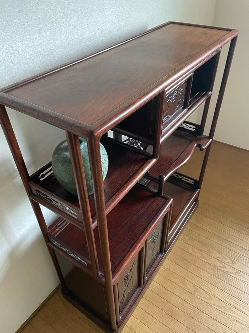 【匿名送料込み】天然木 茶棚 和風 古道具 和室家具 唐草透彫 高級家具