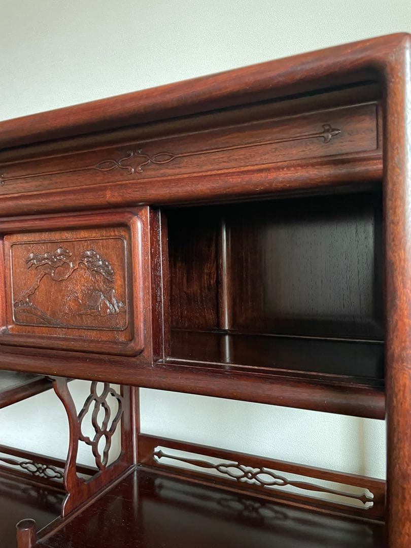 【匿名送料込み】天然木 茶棚 和風 古道具 和室家具 唐草透彫 高級家具