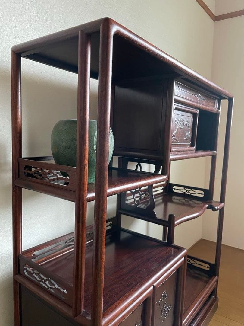 【匿名送料込み】天然木 茶棚 和風 古道具 和室家具 唐草透彫 高級家具