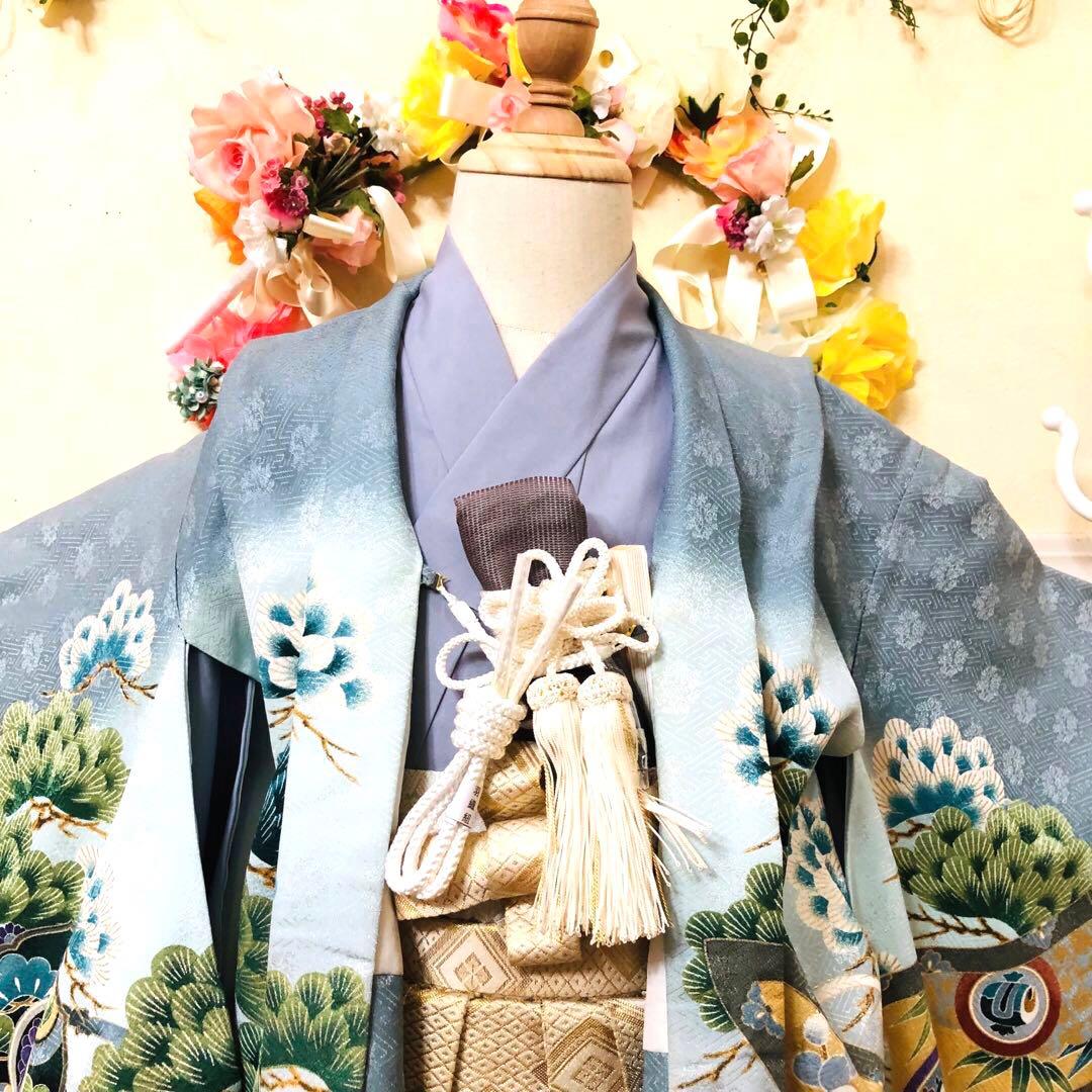 七五三５歳完全フルセット‼️人気水色系兜鷹金彩煌びやか⭐︎袴金蘭刺繍煌びやか際立つ