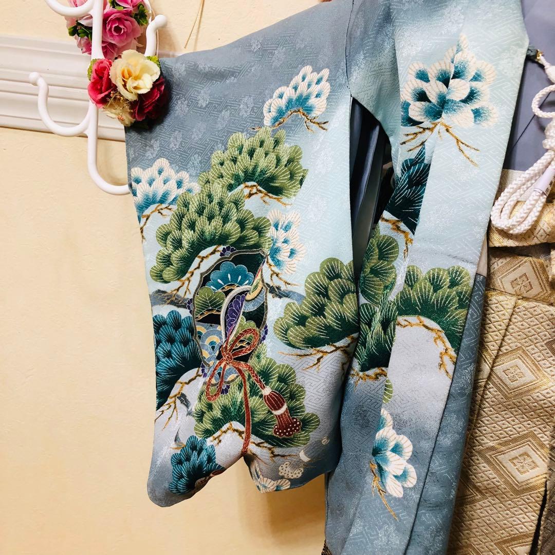 七五三５歳完全フルセット‼️人気水色系兜鷹金彩煌びやか⭐︎袴金蘭刺繍煌びやか際立つ