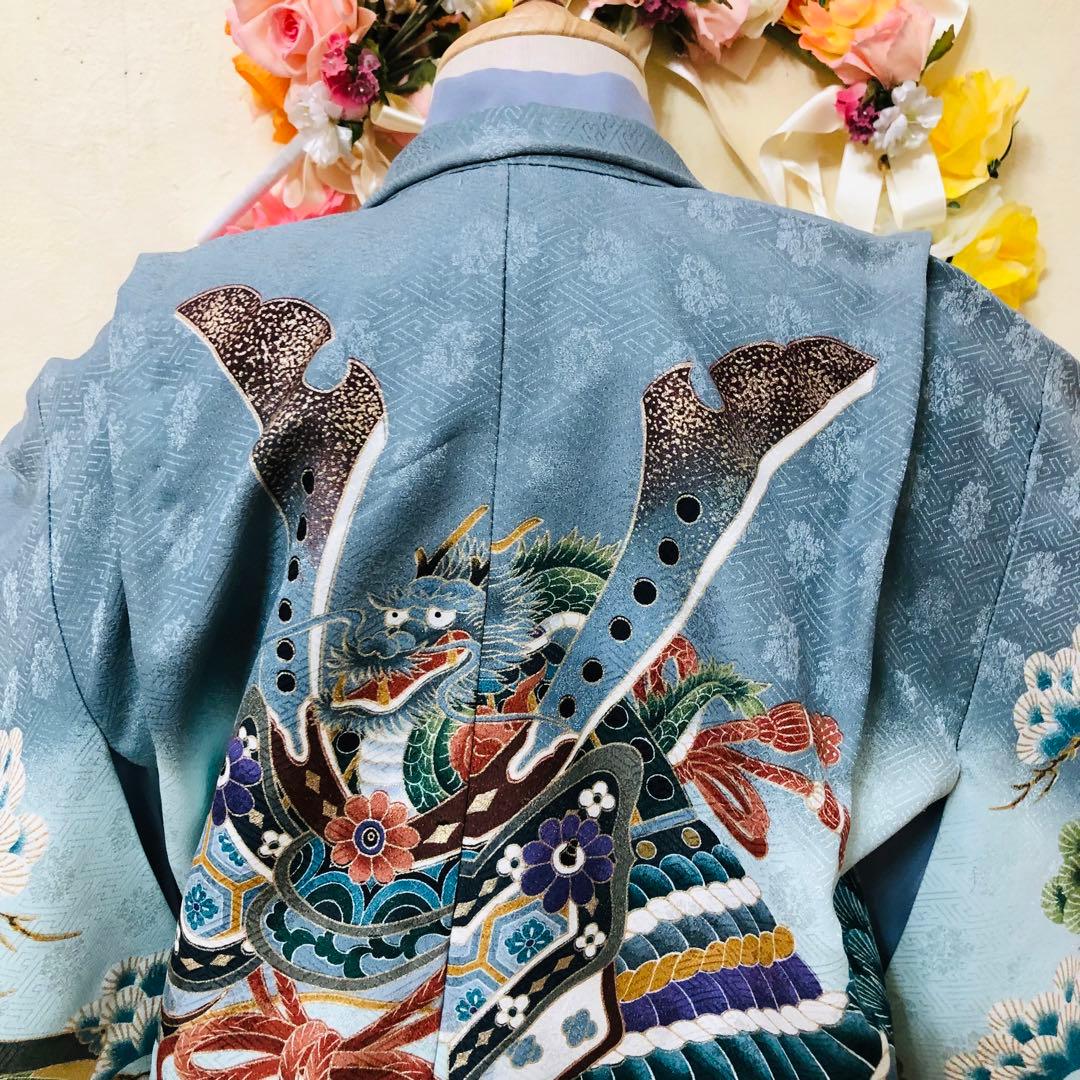 七五三５歳完全フルセット‼️人気水色系兜鷹金彩煌びやか⭐︎袴金蘭刺繍煌びやか際立つ
