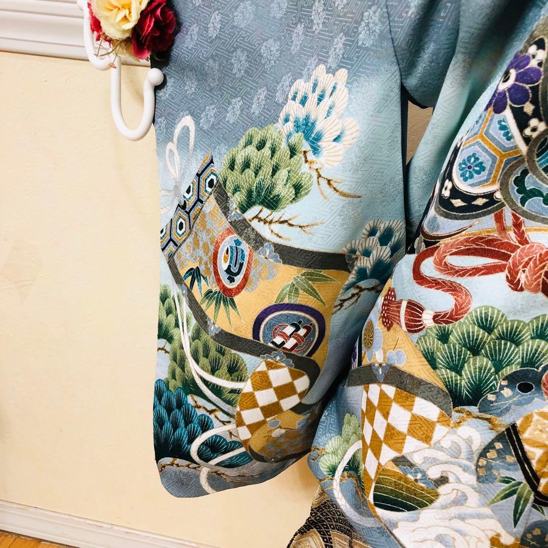 七五三５歳完全フルセット‼️人気水色系兜鷹金彩煌びやか⭐︎袴金蘭刺繍煌びやか際立つ