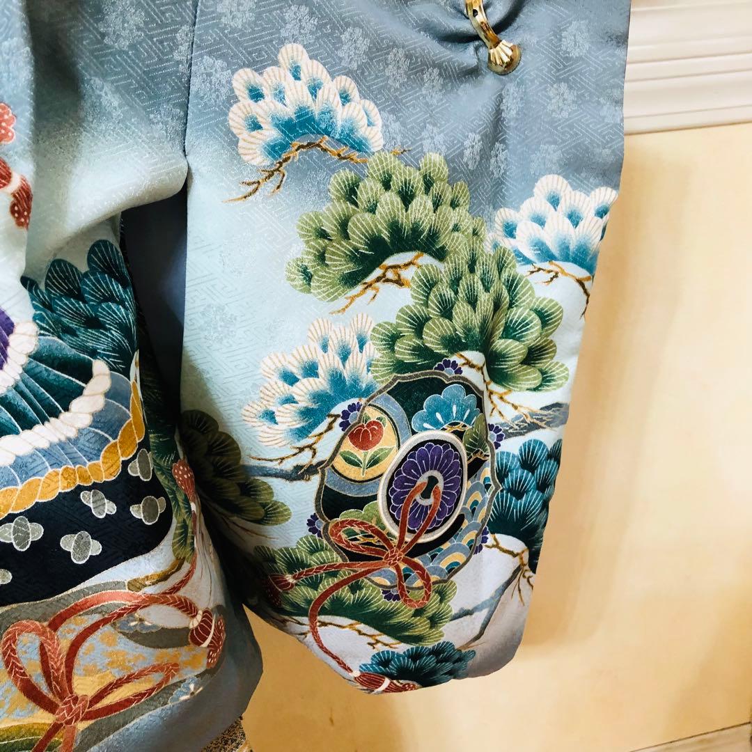 七五三５歳完全フルセット‼️人気水色系兜鷹金彩煌びやか⭐︎袴金蘭刺繍煌びやか際立つ