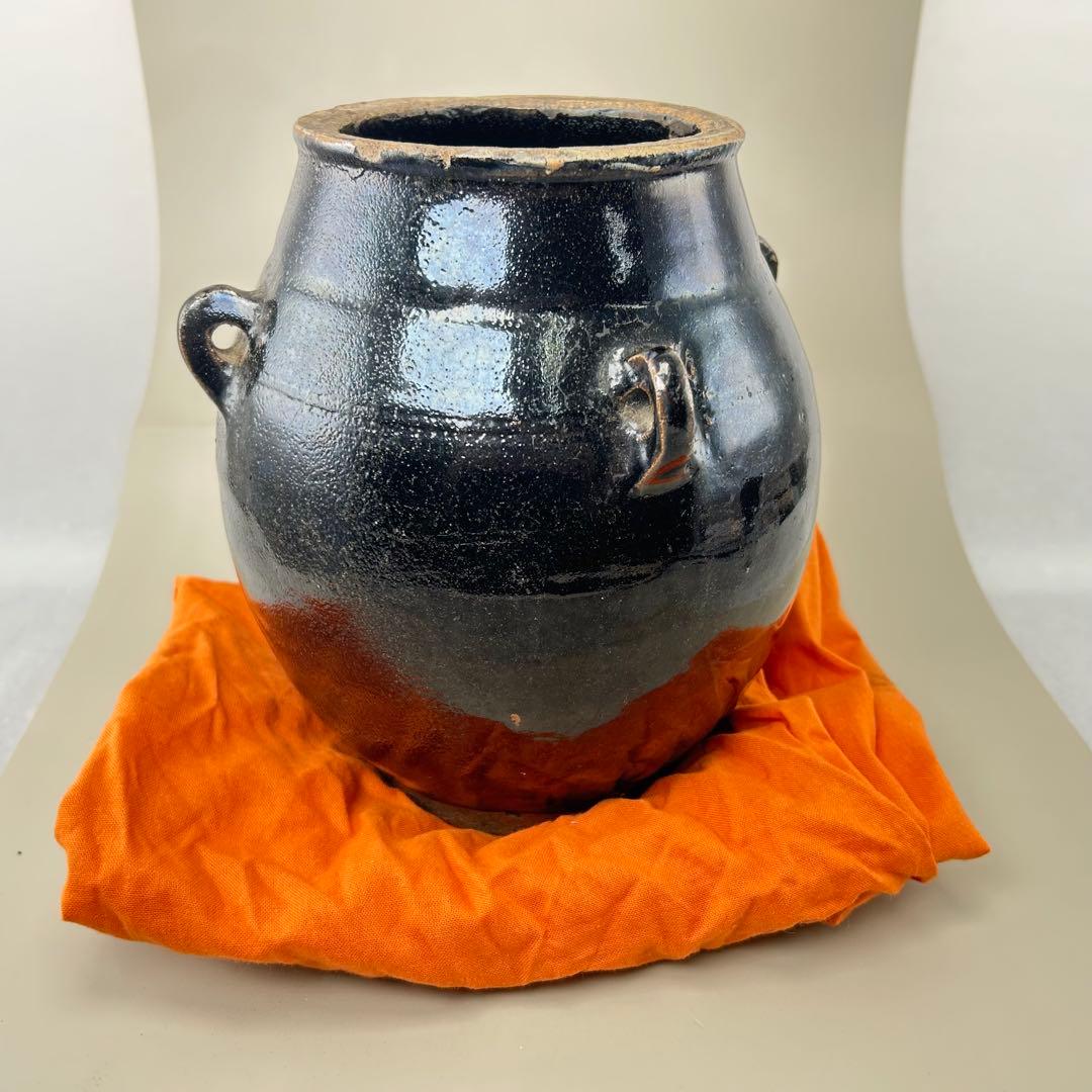 李朝初期 黒高麗壷 黒釉 李朝 壷 伝世品焼物 骨董