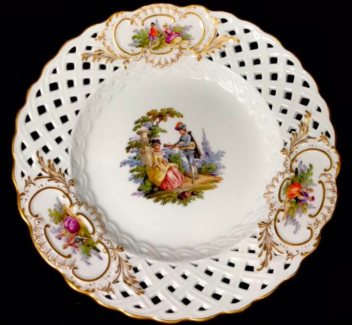 Meissen古マイセン/※美術館級 超レア1級品 ワトー上級4面絵付透かし皿E