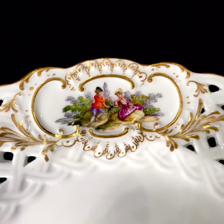 Meissen古マイセン/※美術館級 超レア1級品 ワトー上級4面絵付透かし皿E