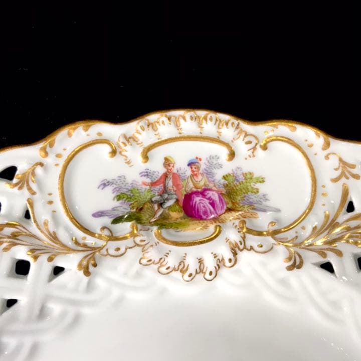 Meissen古マイセン/※美術館級 超レア1級品 ワトー上級4面絵付透かし皿E