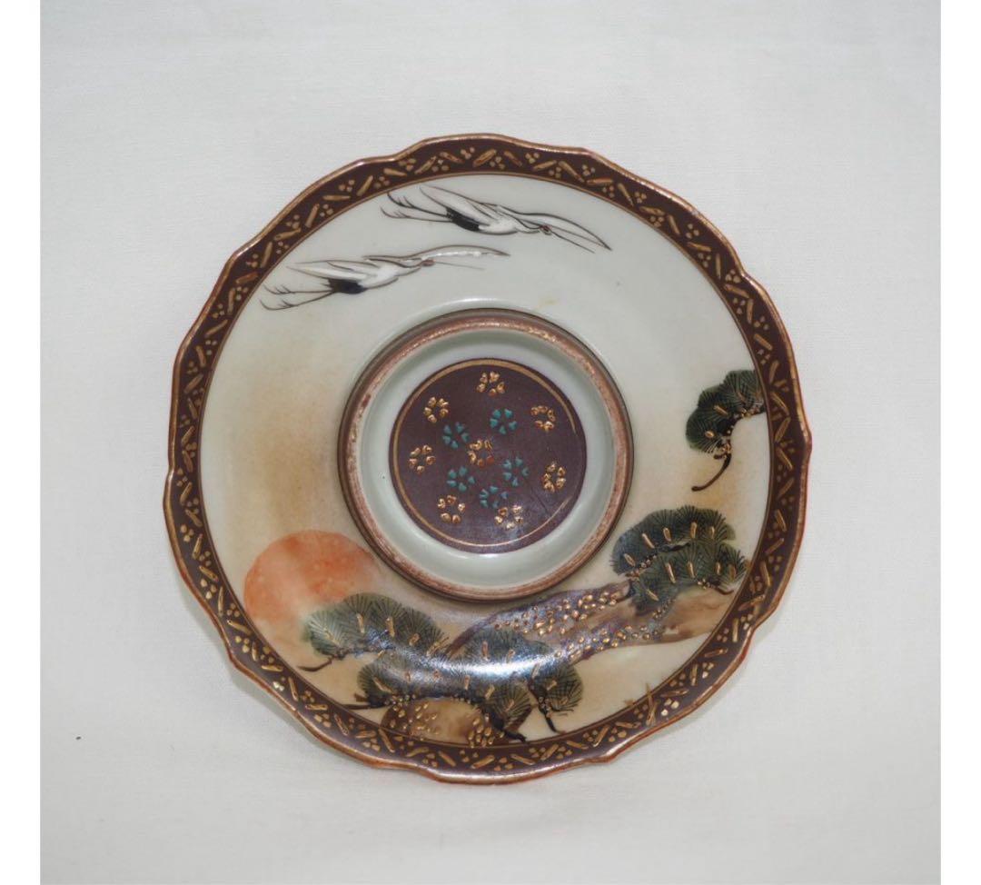 送料無料 明治～大正九谷焼　手描き松鶴紋杯台/盃台5客　完品無傷