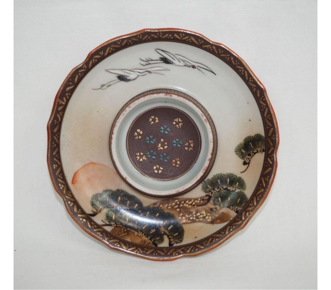 送料無料 明治～大正九谷焼　手描き松鶴紋杯台/盃台5客　完品無傷