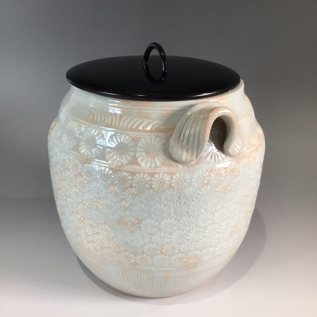 P688 水指 『平安 陶楽造』『御本手三島』『耳付水指』 共箱