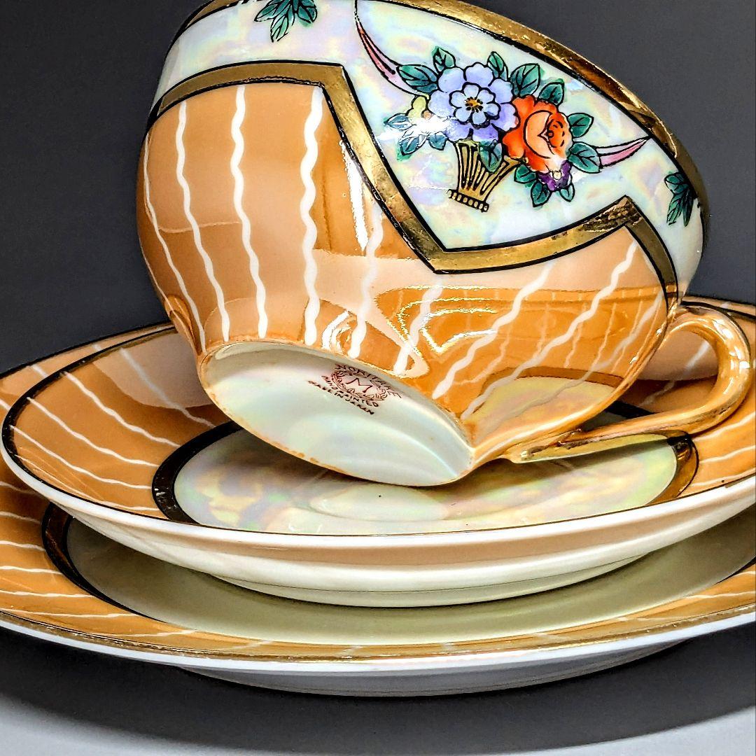 オールドノリタケ アールデコ期大銘品！金彩虹ラスター花籠絵図