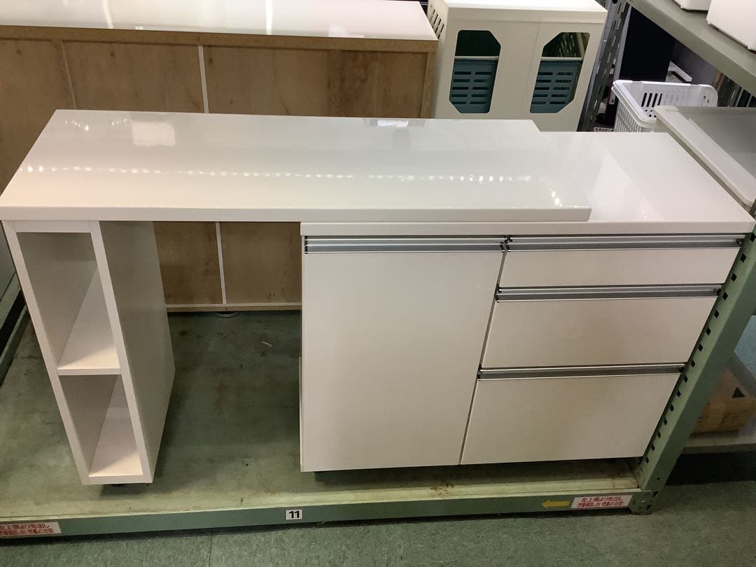 エナメルホワイト　伸縮式キッチンカウンター　キャスター付き