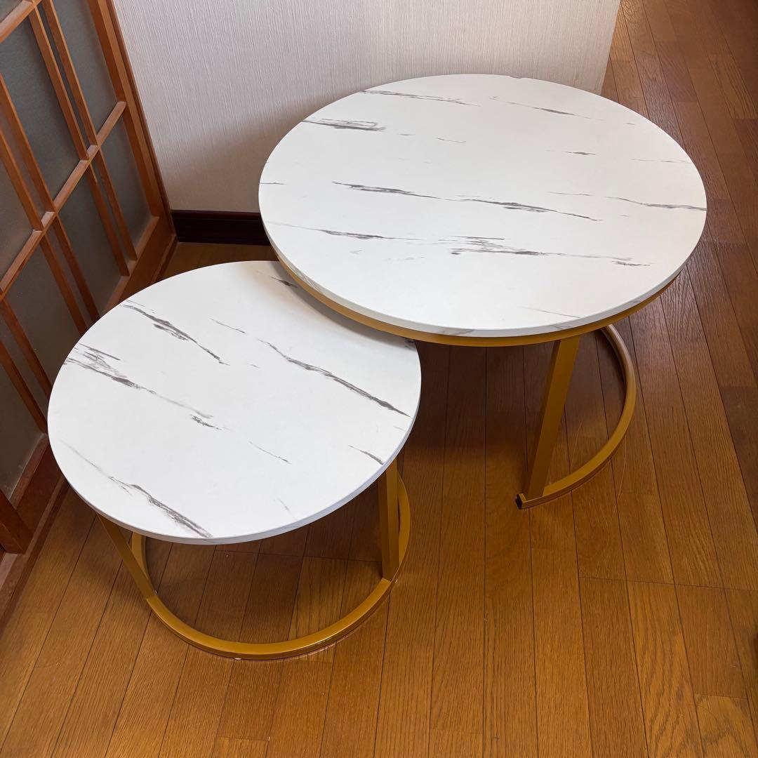【美品】大理石調 ネストテーブル ネストコーヒーテーブル 大理石風 セット 丸型