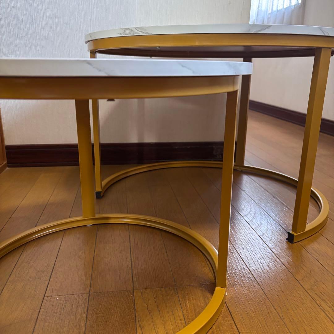 【美品】大理石調 ネストテーブル ネストコーヒーテーブル 大理石風 セット 丸型