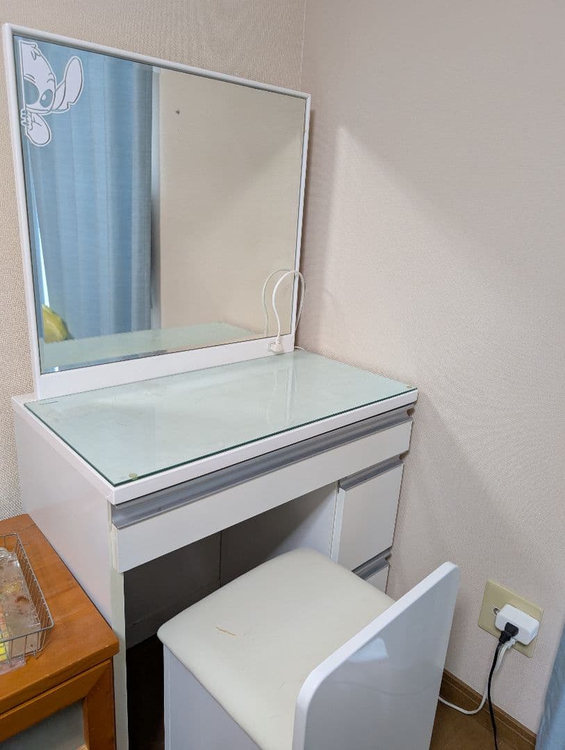 ホワイトドレッサー・鏡台（ガラス天板）ドレッサー ガラス 天板」の