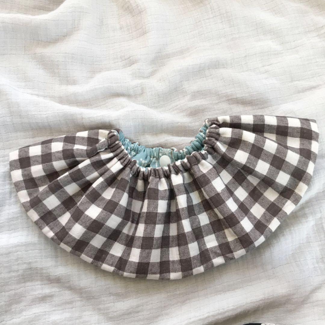 ★ミント刺繍×モカギンガムチェック★ ハンドメイド　リバーシブル　スタイ