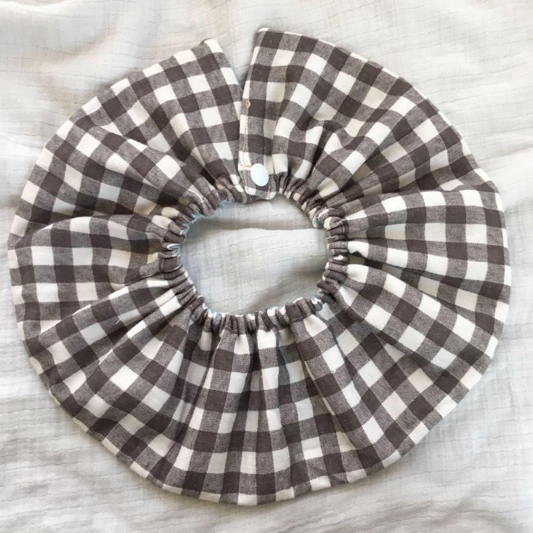 ★ミント刺繍×モカギンガムチェック★ ハンドメイド　リバーシブル　スタイ