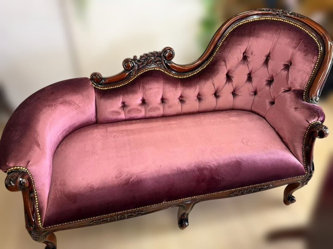 マホガニー　カウチソファ　シェーズロング　ピンク　ベルベット　ソファ　3人掛け