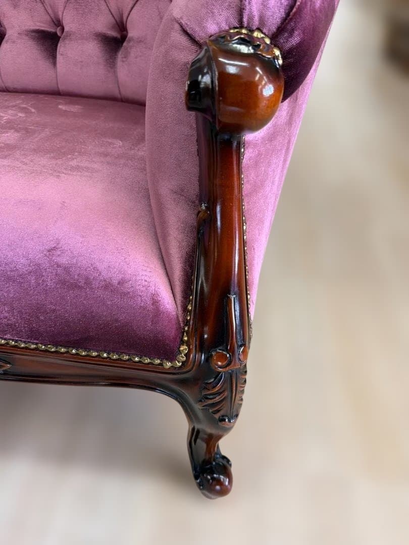 マホガニー　カウチソファ　シェーズロング　ピンク　ベルベット　ソファ　3人掛け