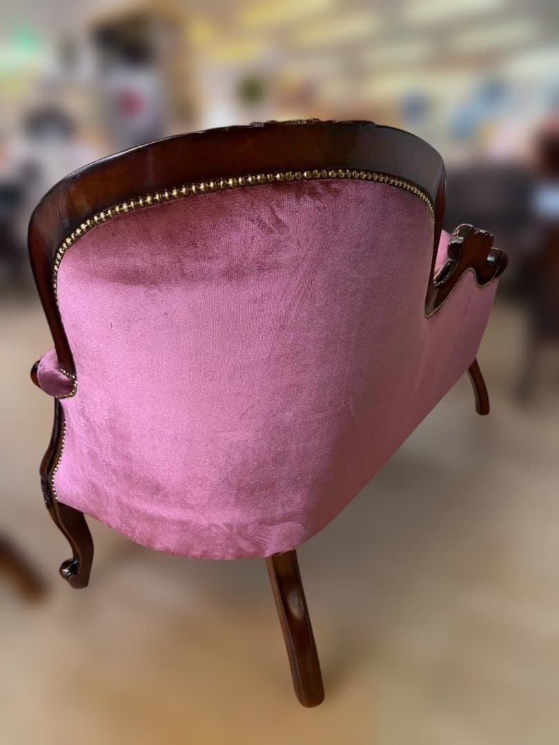 マホガニー　カウチソファ　シェーズロング　ピンク　ベルベット　ソファ　3人掛け