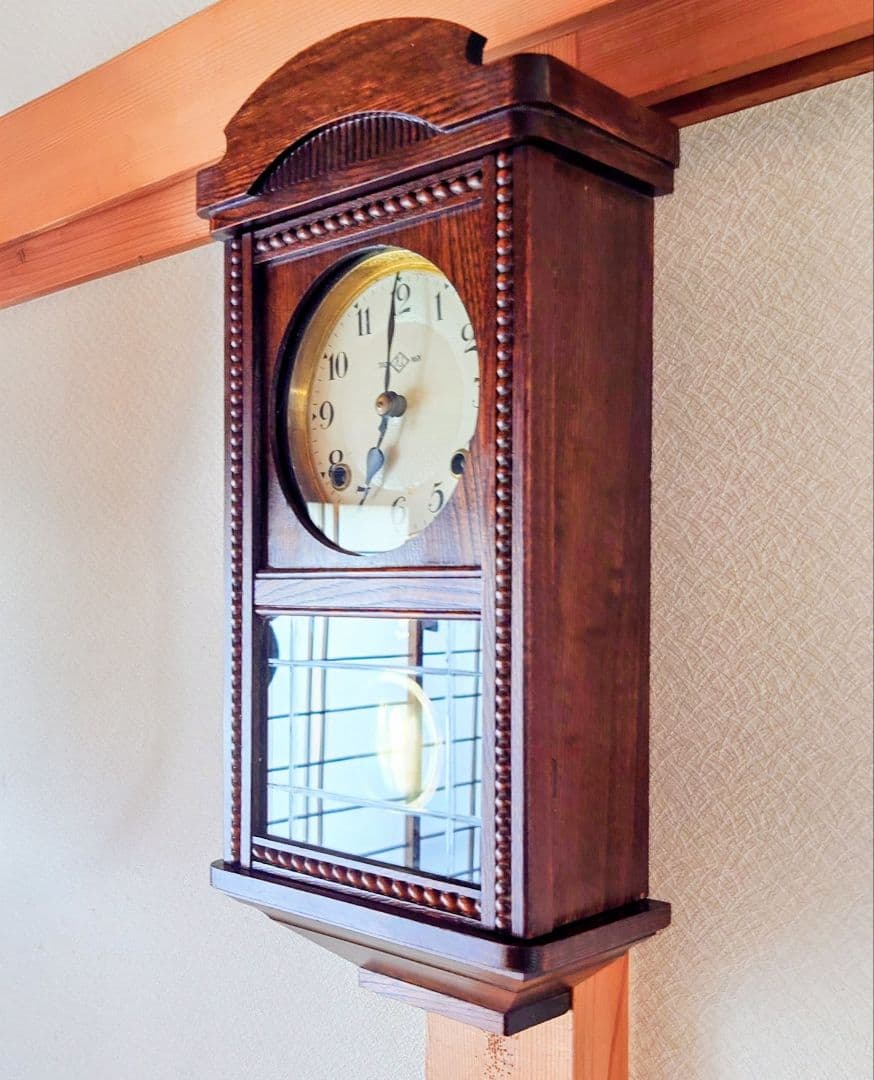 〈完動・美品〉今津菊次郎時計店菱ＫＩ印　筋硝子　宮型ゼンマイ振り子時計　古時計