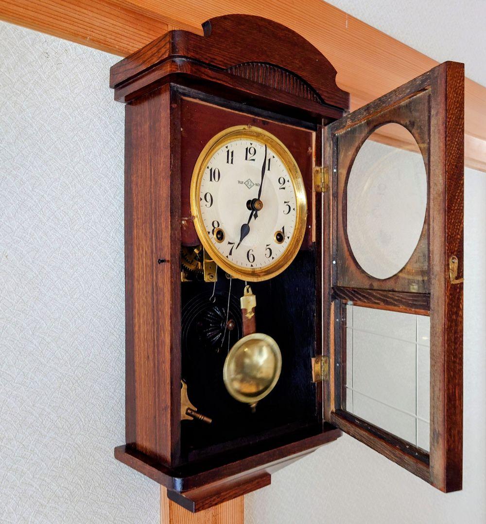 〈完動・美品〉今津菊次郎時計店菱ＫＩ印　筋硝子　宮型ゼンマイ振り子時計　古時計