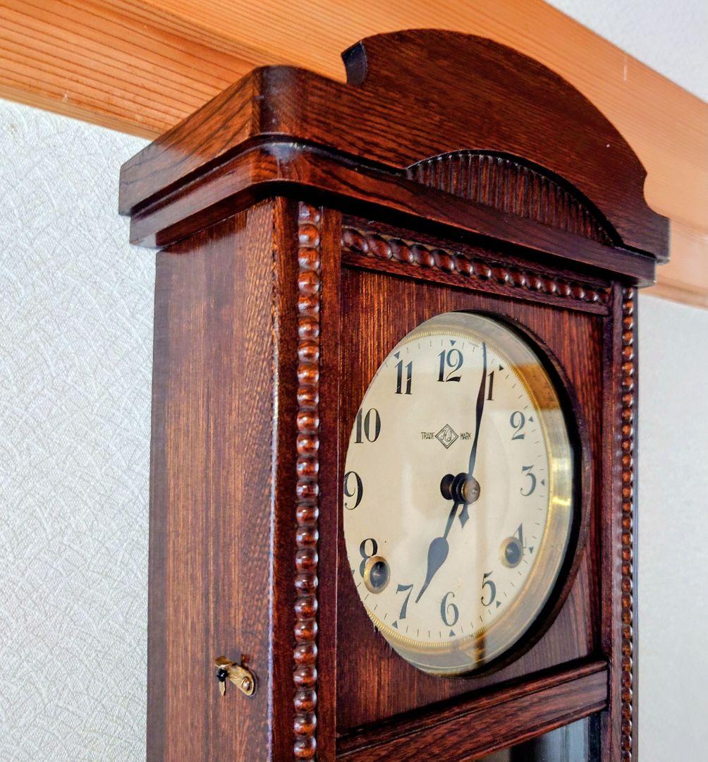 〈完動・美品〉今津菊次郎時計店菱ＫＩ印　筋硝子　宮型ゼンマイ振り子時計　古時計