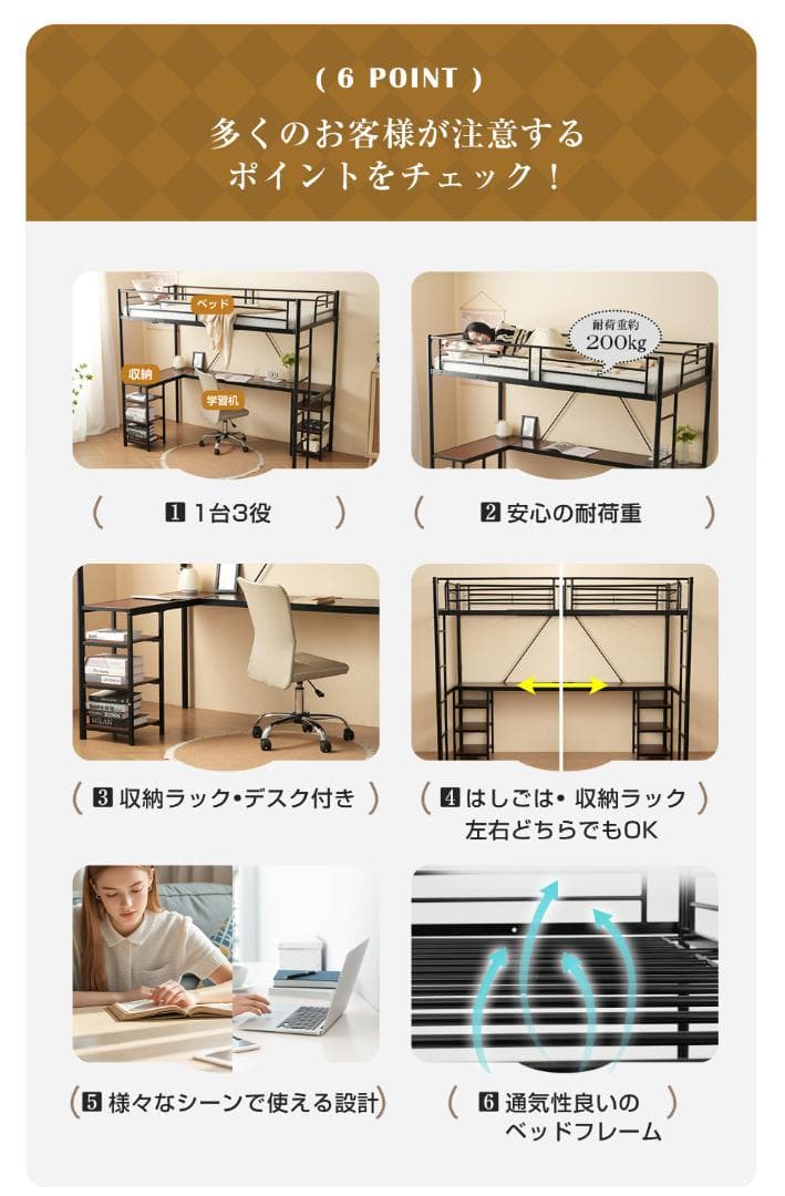 ロフトベッド パイプベッド シングル デスク付き 収納棚 ハシゴ付き 左右入れ替