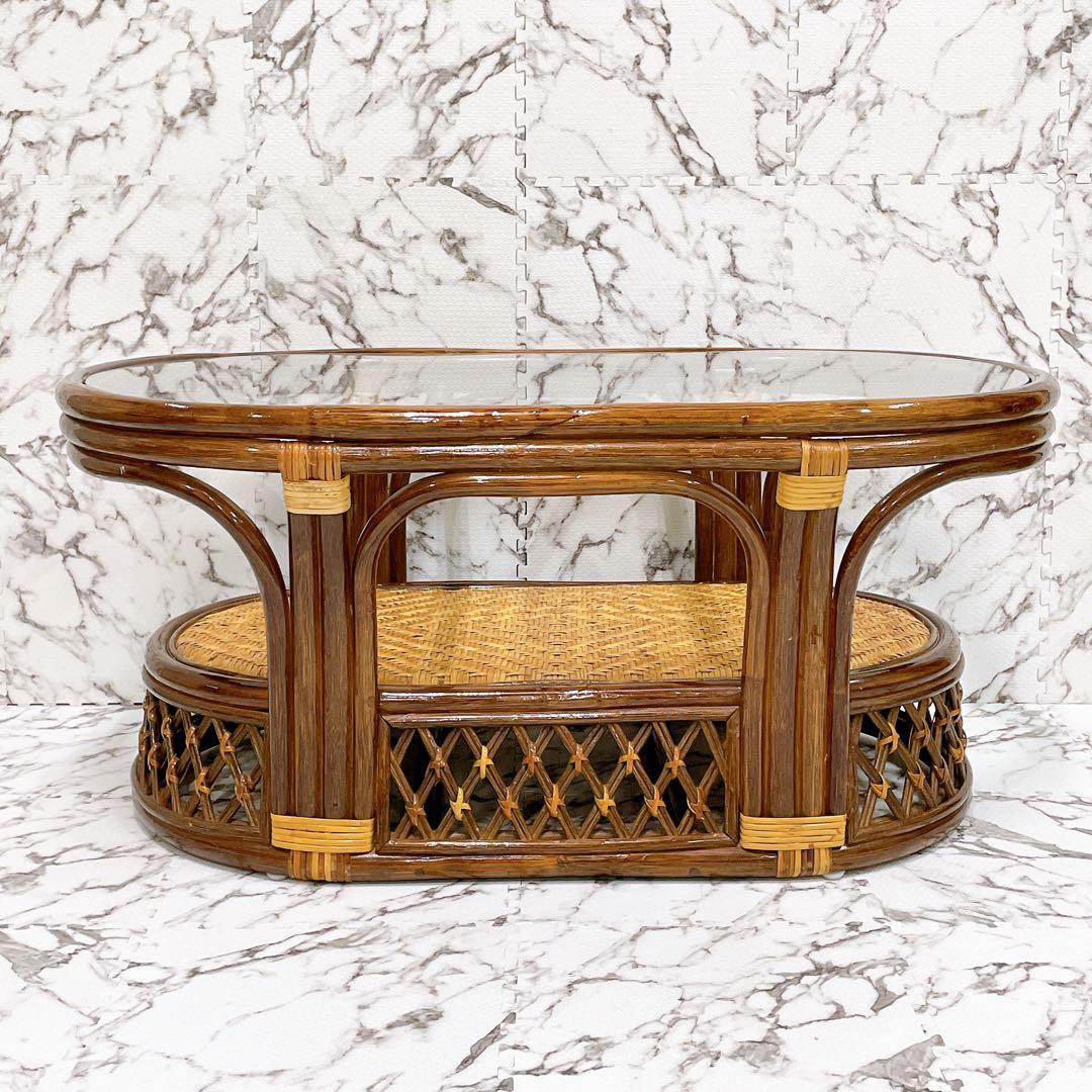 ラタン 籐 センターテーブル ガラステーブル オーバル