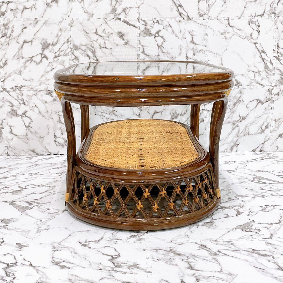 ラタン 籐 センターテーブル ガラステーブル オーバル