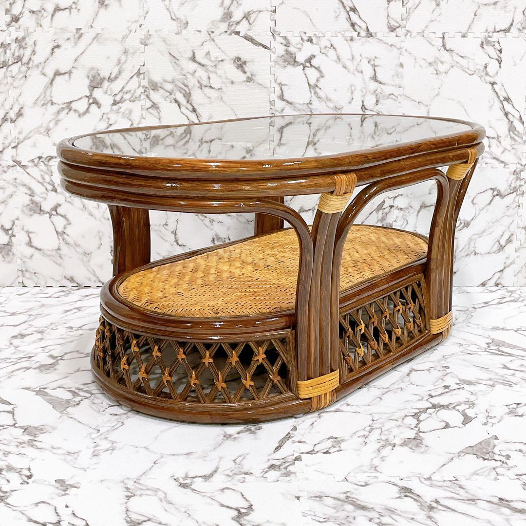 ラタン 籐 センターテーブル ガラステーブル オーバル