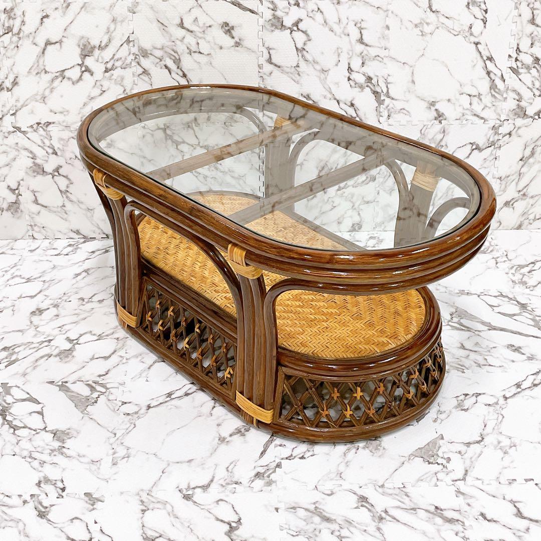 ラタン 籐 センターテーブル ガラステーブル オーバル